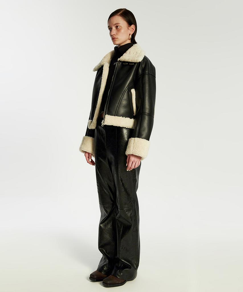 Lieméque Wide Collar Shearling Jacket Black