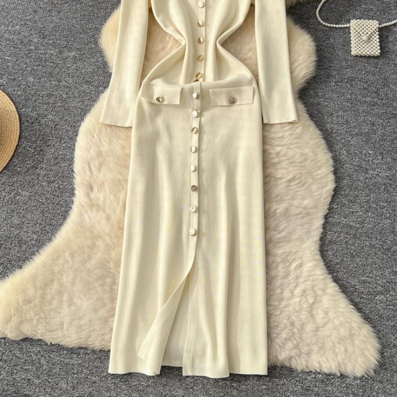 Осень Зима Женские Повседневные Платья Пуловеры Миди Длины с Круглым Вырезом и Полным Рукавом