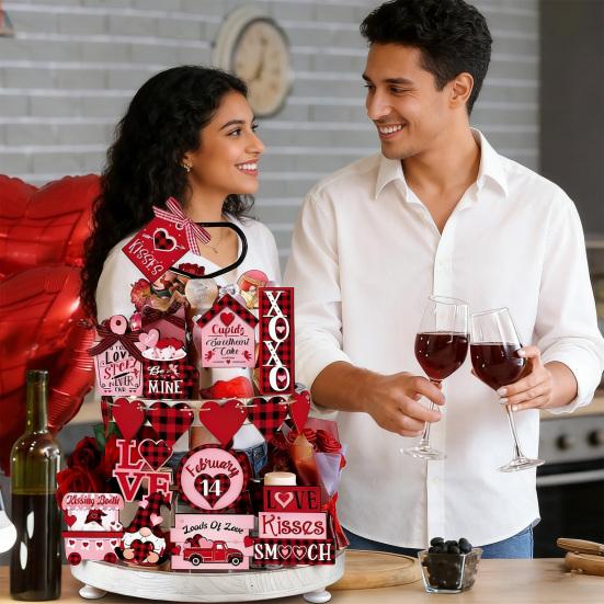 17Pcs/Set Valentine's Day Tiered Tray Decoration Love Heart Gnome Wooden Table Sign Rustic Farmhouse Desktop Layered