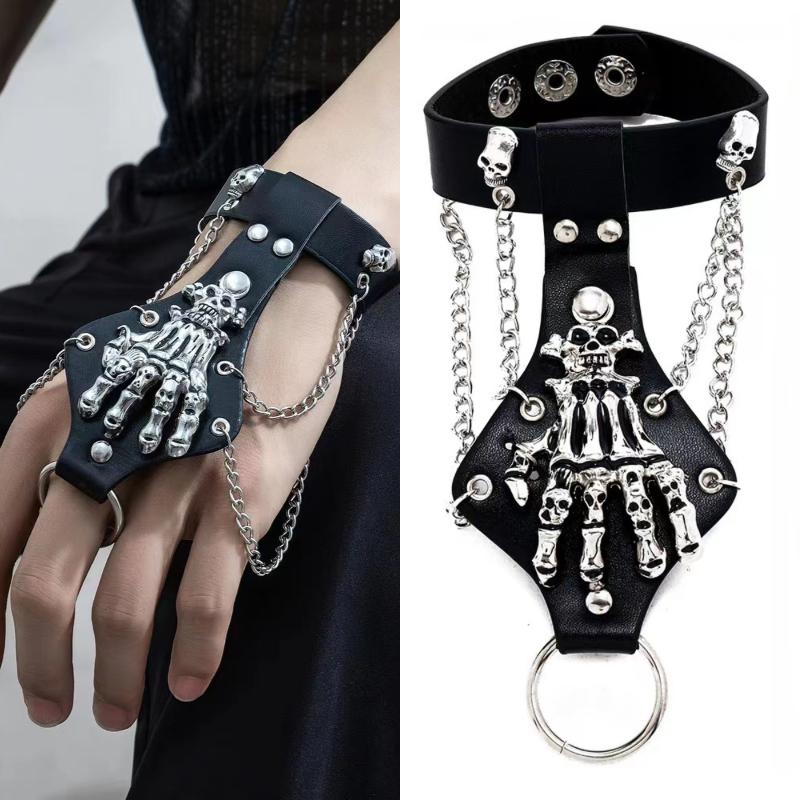 Браслет в стиле стимпанк с черепом и цепочкой из искусственной кожи для мужчин, готический браслет из серебристой цепочки, браслеты-обручи в стиле рок и Хэллоуин.