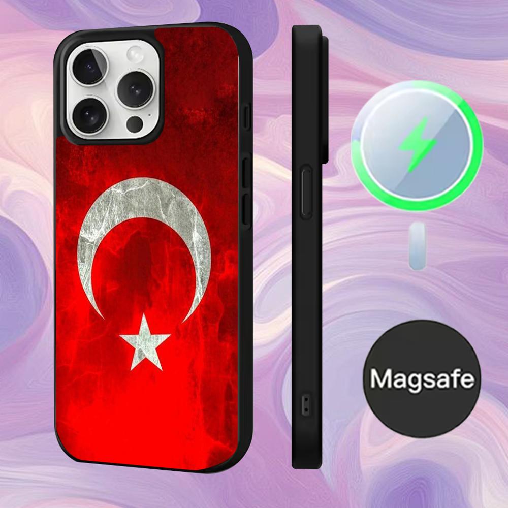 Чехол для телефона с турецким флагом Турции Для iPhone 16,15,14,13,12,11,Pro,Max,Plus,Mini,Magsafe, Магнитный чехол для беспроводной зарядки