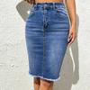 Women Denim Skirt High Waist Button Zipper Fly Multi Pockets Midi Skirt Solid Color Hip Wrapped Tassel Hem Washed Skirt