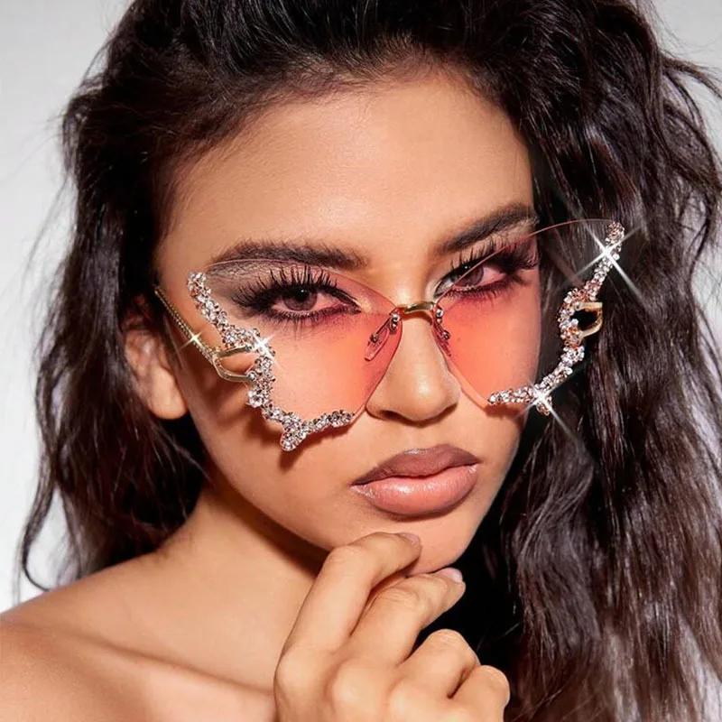 Butterfly Rimless Fashion Sunglasses For Women Luxury Rhinestone Decorative Glasses For Party Prom Club