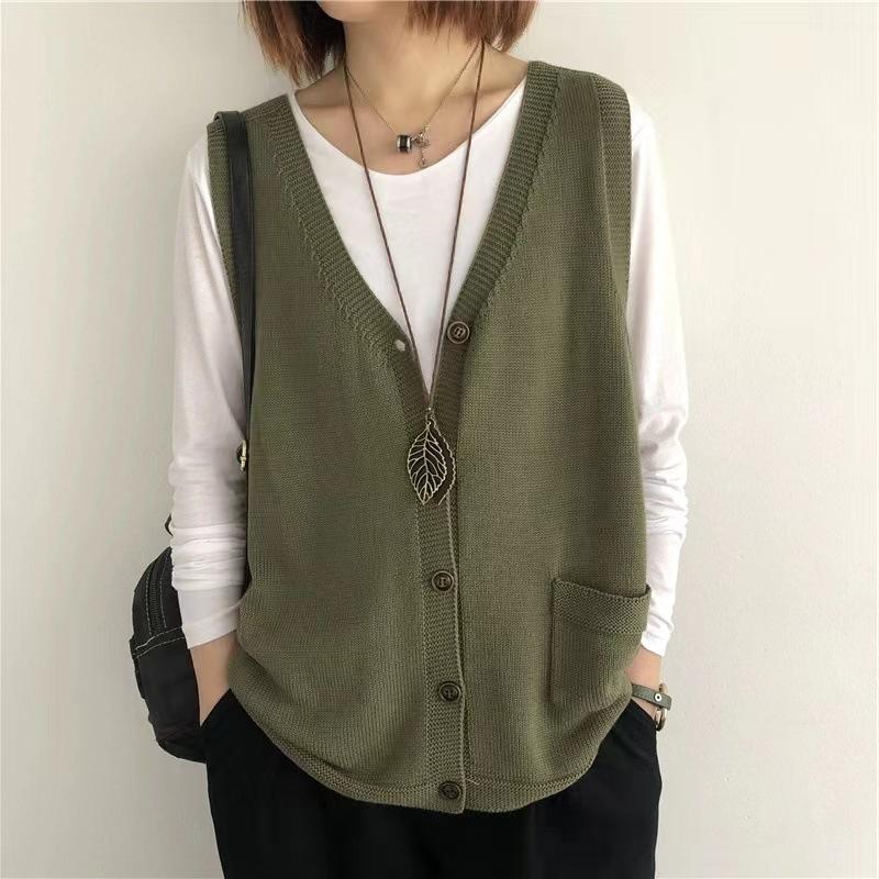 Women Knitting Vest V-Neck Sleeveless Single Breasted Warm Waistcoat Solid Color Loose Fit