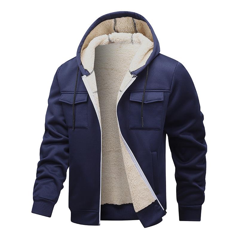 Men's Autumn and Winter Lamb Wool Thick Hooded Sweatshirt Cardigan Workwear Warm Jacket