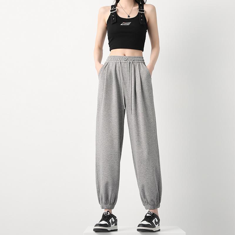 Серые спортивные штаны женские летние тонкие маленькие свободные с завязками весенне-осенние повседневные штаны-фонарики новые