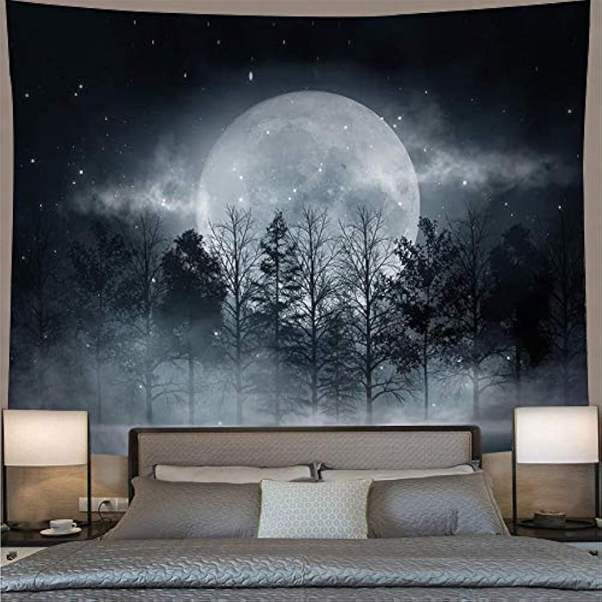 Forest Moon Tapestry, Trippy Tapestry Mystic Forest Starry Night Full Moon Blacklight Wall Hanging Tapestry For Bedroom