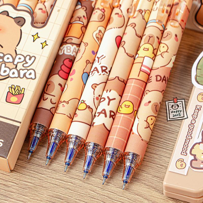 6Pcs Cute Capybara Erasable Pen Blue Ink Writing Smooth Quick-Drying Pens School Office Accessories Students Stationery Gift