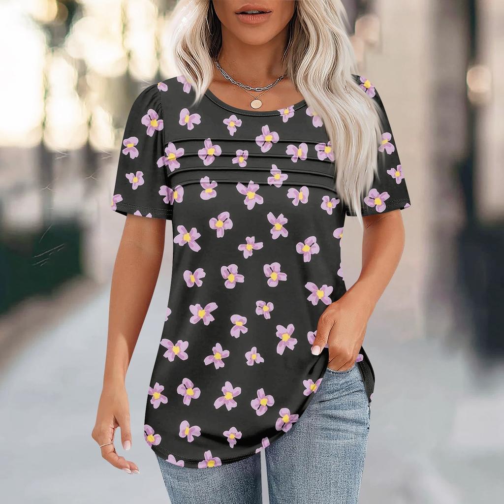 Футболки для женщин, плиссированные, с круглым вырезом, нарядные, повседневные, блузки с принтом, с коротким рукавом, летние топы, свободный крой