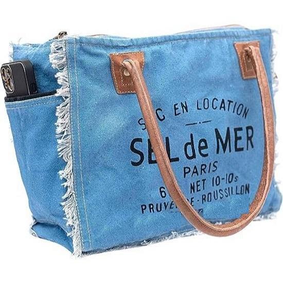 Сумки Sel De Mer Ручная сумка из переработанного холста Большая сумка из переработанного холста и воловьей кожи Сияющая кожаная сумка из переработанного холста