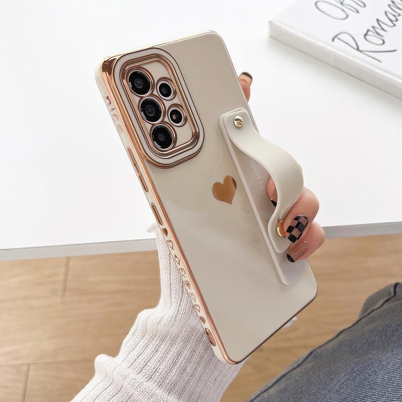 Cute Heart Wrist Strap Case For Samsung Galaxy S24 Plus A55 5G A25 A35 S23 S22 Ultra S21 S20 FE A53 A13 5G Cover Phone Holder Stand Case