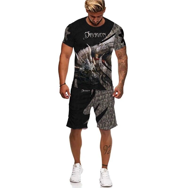Мужская футболка/костюм с 3D принтом Flying Dragon Totem Art, летний крутой топ с короткими рукавами + шорты, комплект, готический спортивный костюм в стиле хип-хоп