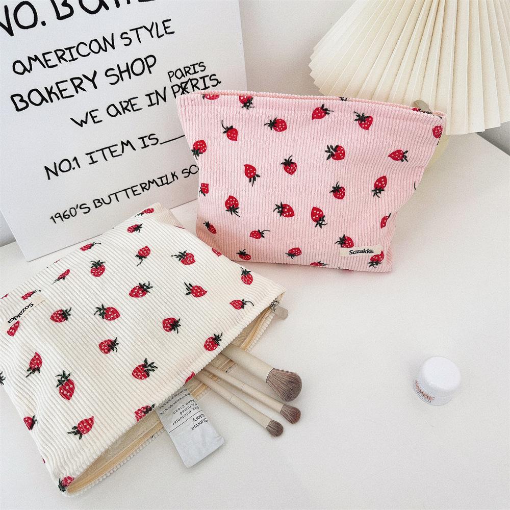 Lovely Strawberry Women's Cosmetic Bag Retro Corduroy Female Travel Bento Shoulder Bags Simple Portable Ladies Storage Handbags