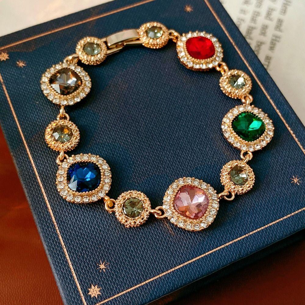 Gold Zircon Bracelet Shiny Geometric Bangle Luxury Vintage Rhinestone Bracelet Lady