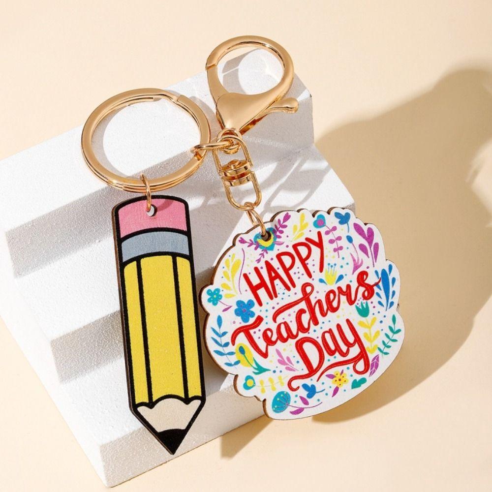 Wooden Teacher's Day Keychain Geometric Shape Teacher Education Pendant Teacher's Day Gift