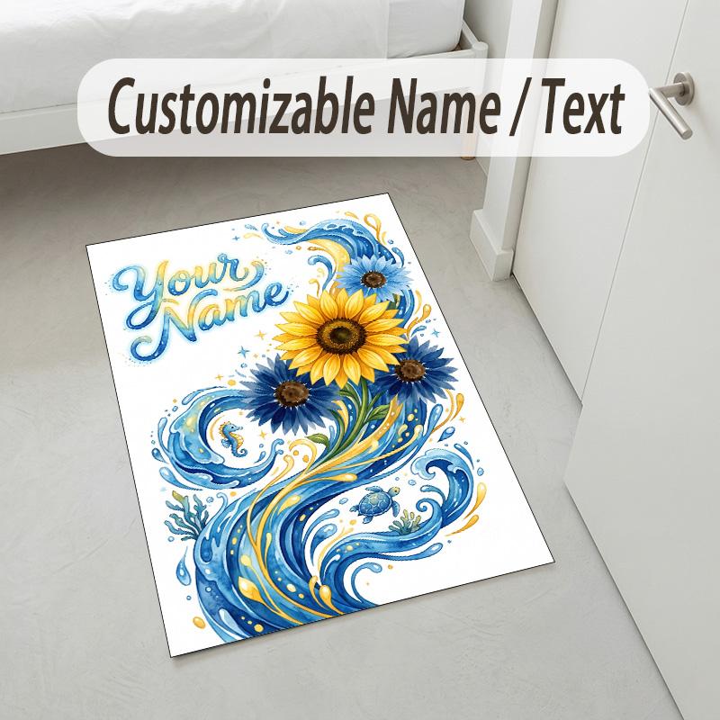 Floral Garden Theme Crystal Velvet Rug Personalized Custom Name Text Soft Floor Mat Home Decor