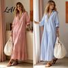 Retro Casual Dress Women Striped Long Sleeve Dress V-Neck Collar Maxi Shirt for Summer Autumn Breathable Loose Fit Midi