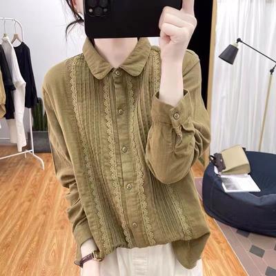 Белая рубашка с длинными рукавами из чистого хлопка в стиле пэчворк для женщин, весна-осень, свободный ретро-топ, плиссированная базовая рубашка