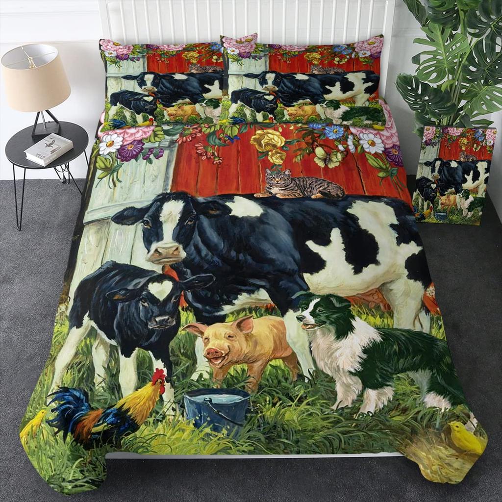 Farmer Cow Print Duvet Cover Set Oil Painting Cow Bedding Set Vintage Animals Dog Pig Chicken Printed Comforter Cover Full Size