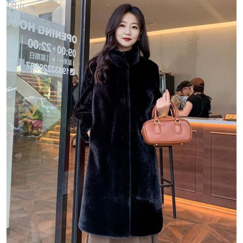 Womens Winter Thick Faux Mink Fur Long Coat Stand Collar Loose Elegant Outerwear Mom