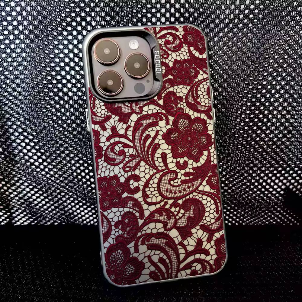 Модный Кружевной Чехол Для Телефона Для iPhone 16,15,14,13,12,11,8,7,Pro,Max,Plus,Mini,XS,SE Противоударный Черный Матовый Жесткий