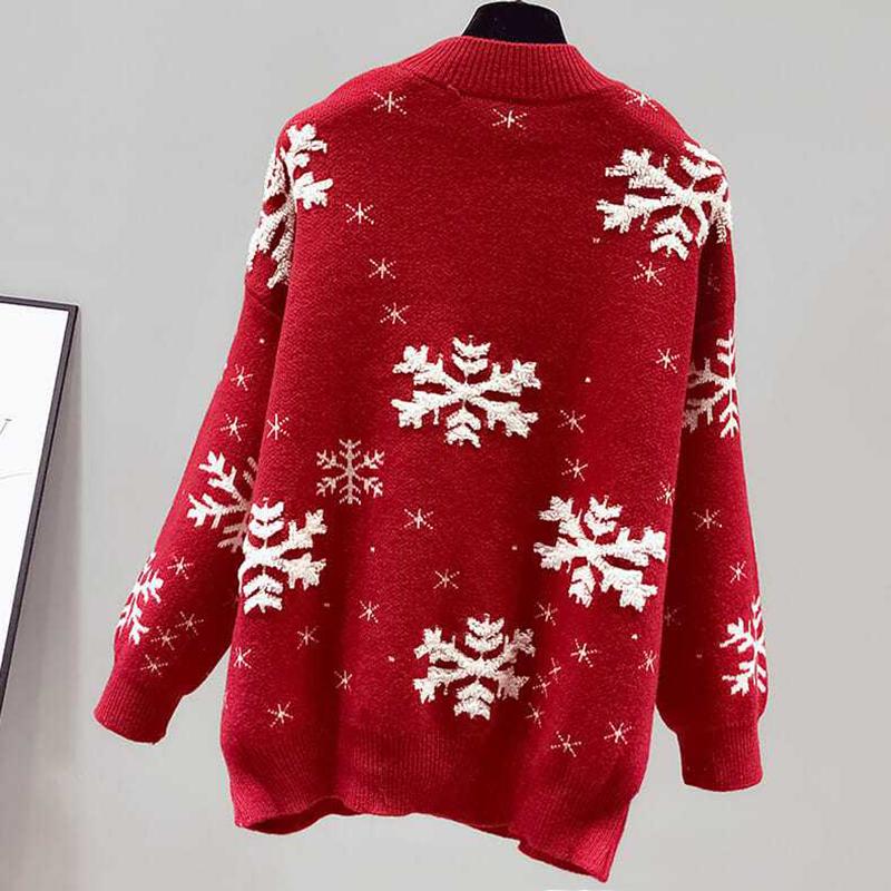 Women Christmas Sweaters Red Black Long Sleeve Jumpers Female Casual Mock Neck Pullovers Snowflake Pattern New Year Sweaters