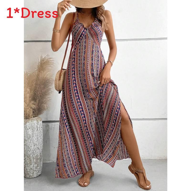 Summer Floral Print Sleeveless Maxi Dress With Zipper For Womens Beachwear