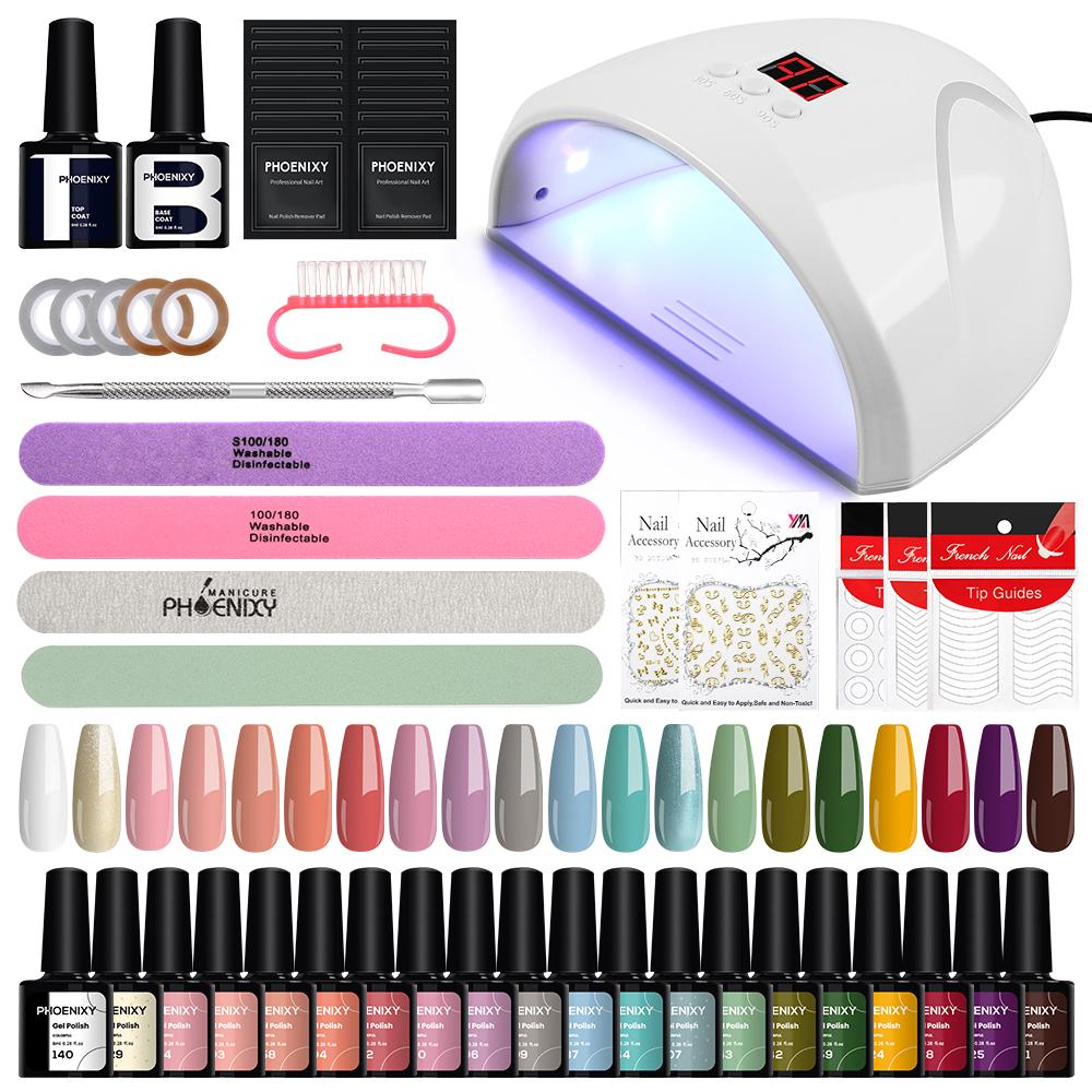 PHOENIXY 20 Colors Gel Nail Polish Set Pure Color Hybrid Varnish Kit With 36W UV LED Lamp Manicure Nail Art Tools Set For Beginner