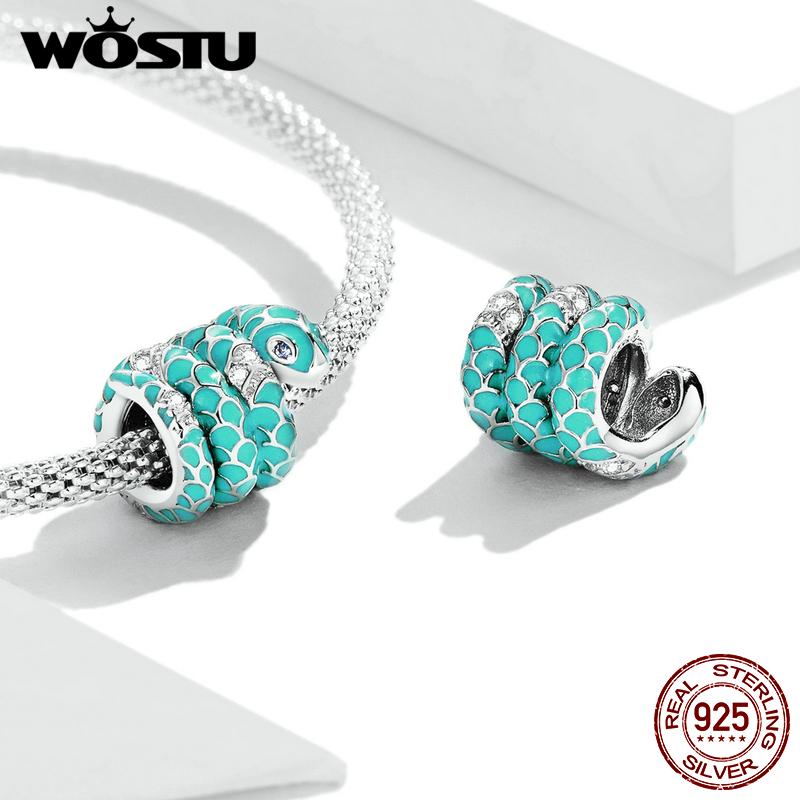 WOSTU 925 Sterling Silver Blue Snake Vintage Dragon Charm Bead Pendant Fit Original Bracelet Necklace For Women Jewelry CTC576