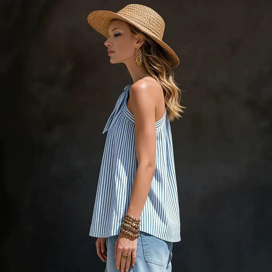 2026 cross-border new European and American style striped off-the-shoulder sleeveless top summer vacation loose fashion trend women's clothing