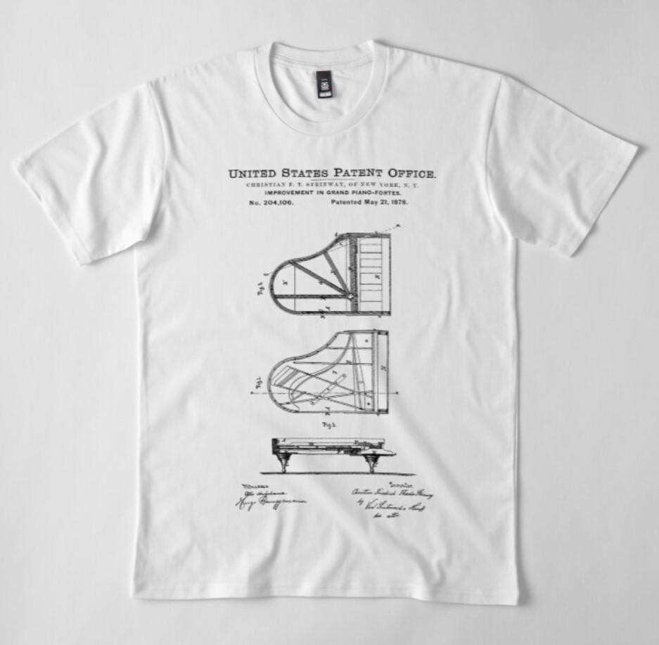 Grand Piano Patent Drawing Blueprint T Shirt - Pianist Gift - %100 Cotton