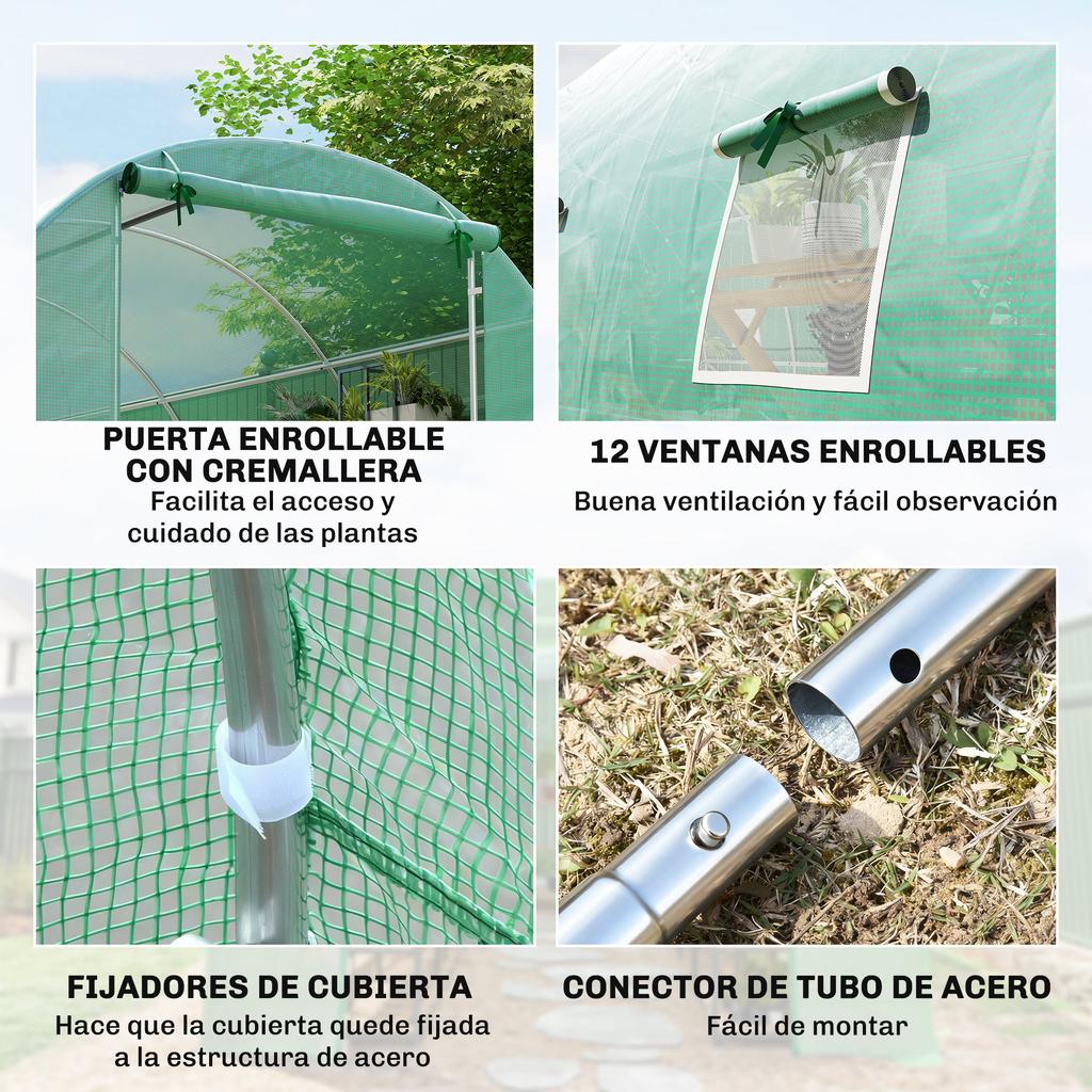 Tunnel Greenhouse 8x3x2 M Garden Greenhouse With 12 Windows And Roll Up Door Steel And PE 140 G M² Green