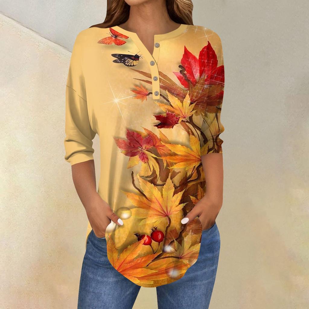 3/4 Length Sleeve Womens Tops Summer T-Shirts Floral Print V Neck Casual Basic Tee Button Shirts Tunic Tops