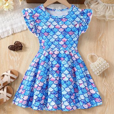 Платье для детей 1-8 лет, для девочек на день рождения, модное платье с оборками на рукавах и принтом русалки, милые платья принцессы