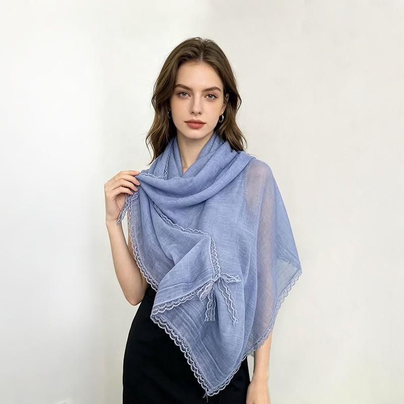 Lightweight Cotton Linen Blend Scarf With Lace Trim Breathable Shawl Versatile Wrap In Solid Colors