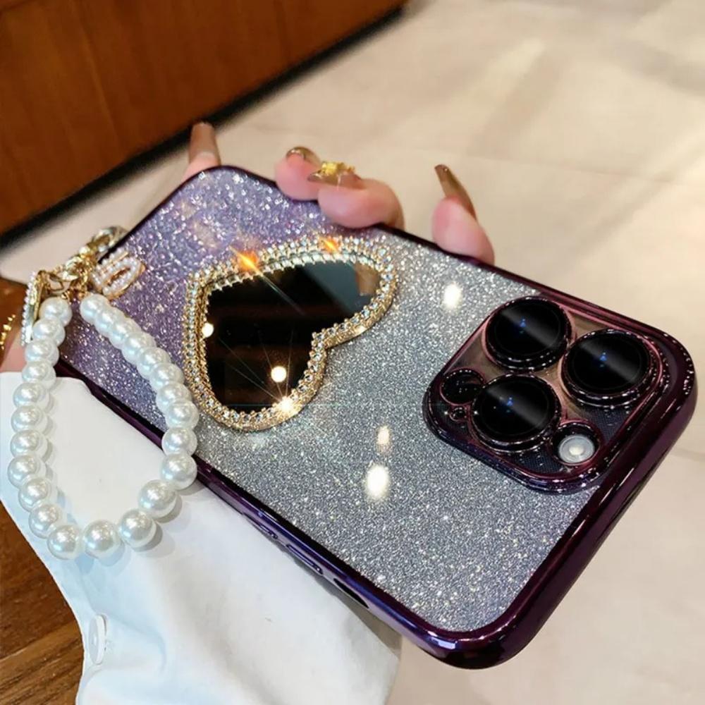 Роскошный чехол для телефона с зеркалом любви и бриллиантами для Xiaomi Redmi Note 14 13 Pro Plus 5G 4G 14S 14 13 Pro, шнурок для подвешивания с жемчужным сердцем