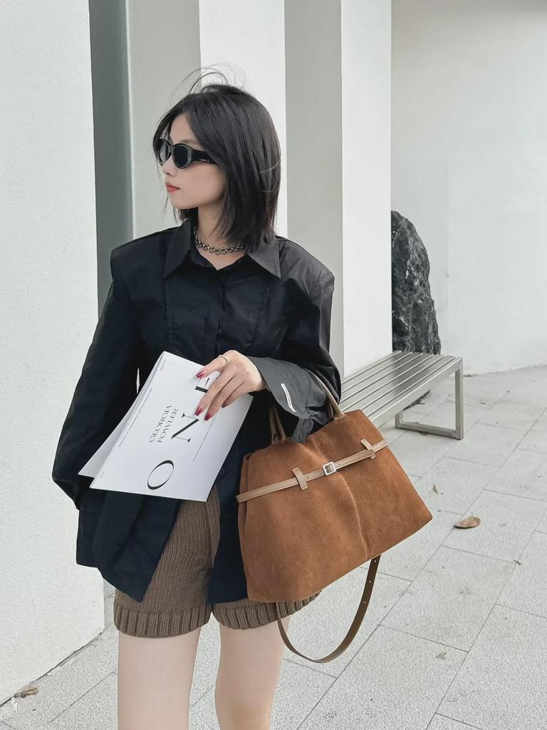 Женская сумка-тоут из натуральной кожи и замши большой вместимости - универсальная матовая сумка в стиле ретро для ношения на руках и через плечо