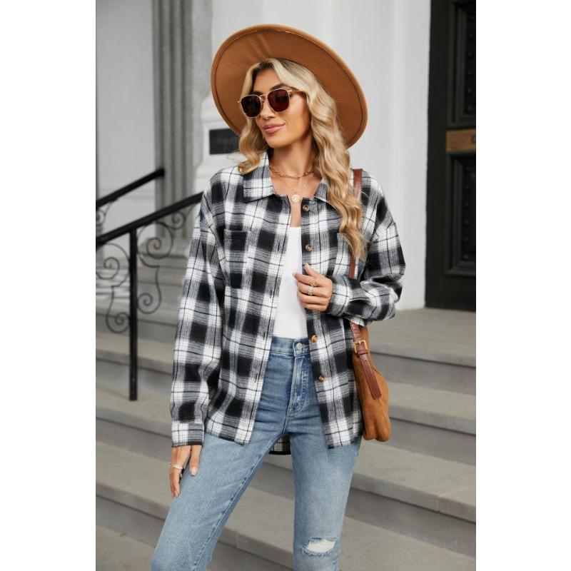 Весенне-осенняя куртка женская блузка больших размеров с лацканами и длинными рукавами, карманами на пуговицах, клетчатая рубашка