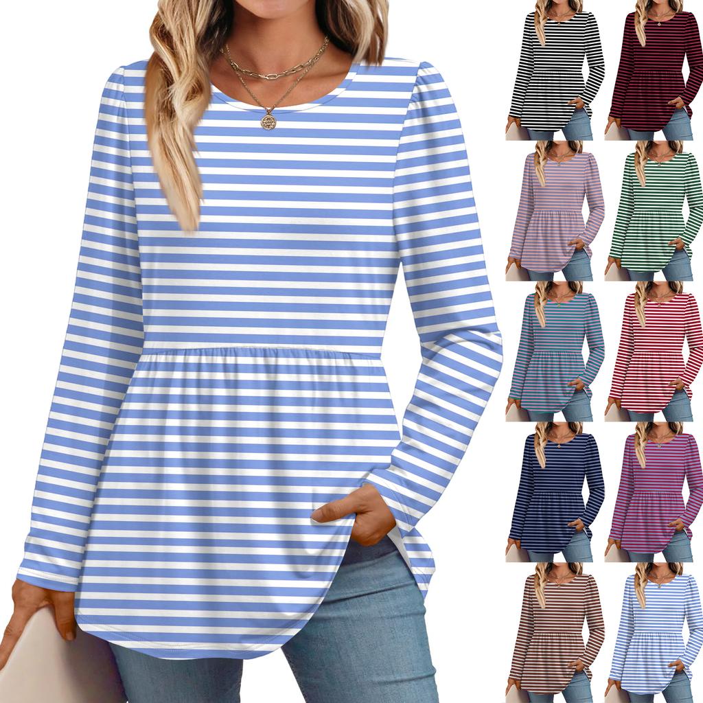 Women's Casual Fashion Long Sleeve Shirt Striped Tunic Top