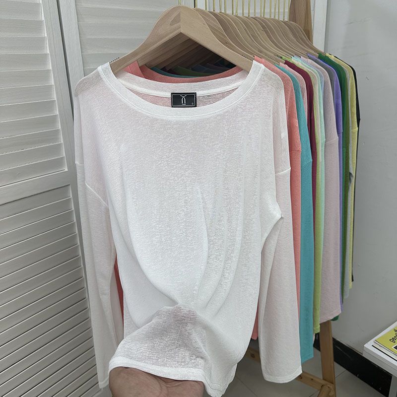 Женская однотонная футболка с длинными рукавами, летняя микропрозрачная футболка с круглым вырезом, корейская минималистская женская одежда