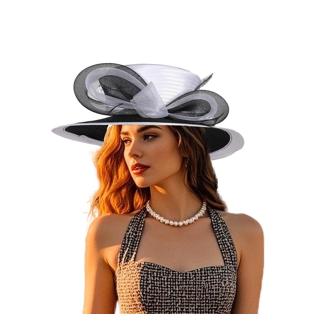 Women Derby Church Dress Fascinator Cloche Hat Wide Brim Tea Party Wedding Bucket Hat with Bow Accent