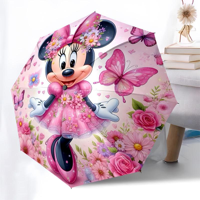 Minnie Mouse Pink Floral Themed Automatic Opening and Closing Umbrella, Brightly Colored 8-rib Portable Umbrella, Suitable for Men and Women