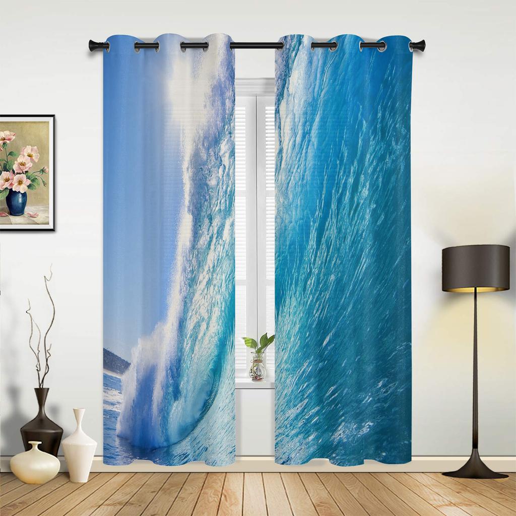 Blue Sea Waves Scenery Windows Curtains Living Room Bedroom Window Treatments Household Kitchen Curtains