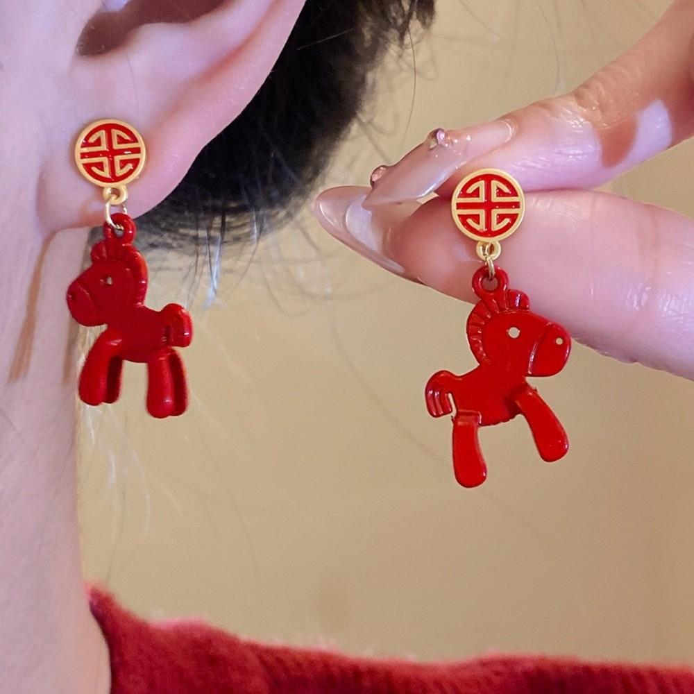 Fashion Jewelry Chinese Style Pony Earrings Fu Character Red Drop Earrings Woman