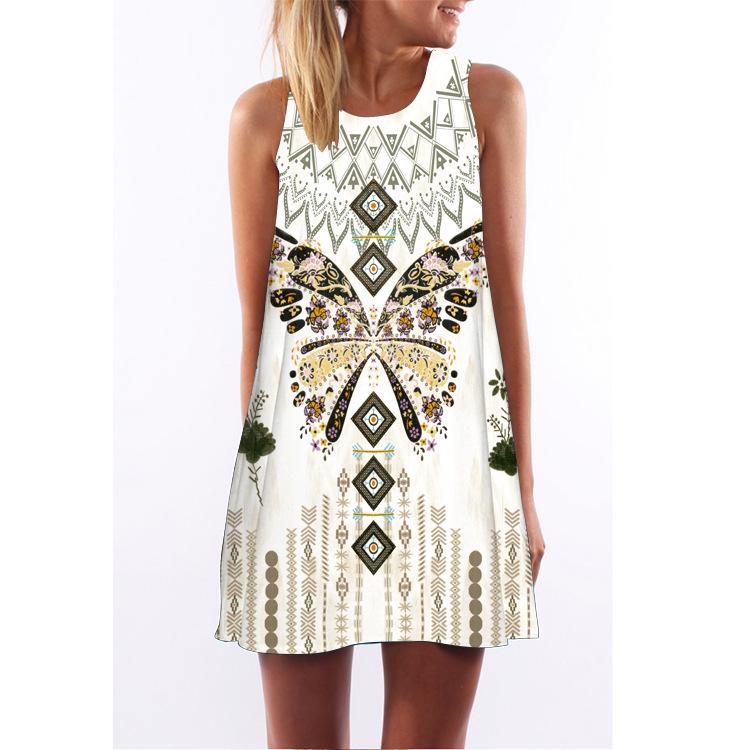 European Station European and American new retro digital printing round neck hot-selling off-the-shoulder medium and long vest dress