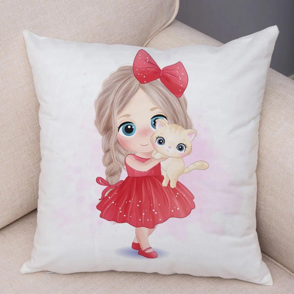 Children's Room Sofa Home Pillowcase Cute Cartoon Girl and Cat  Decoration  Animal Cushion Cover