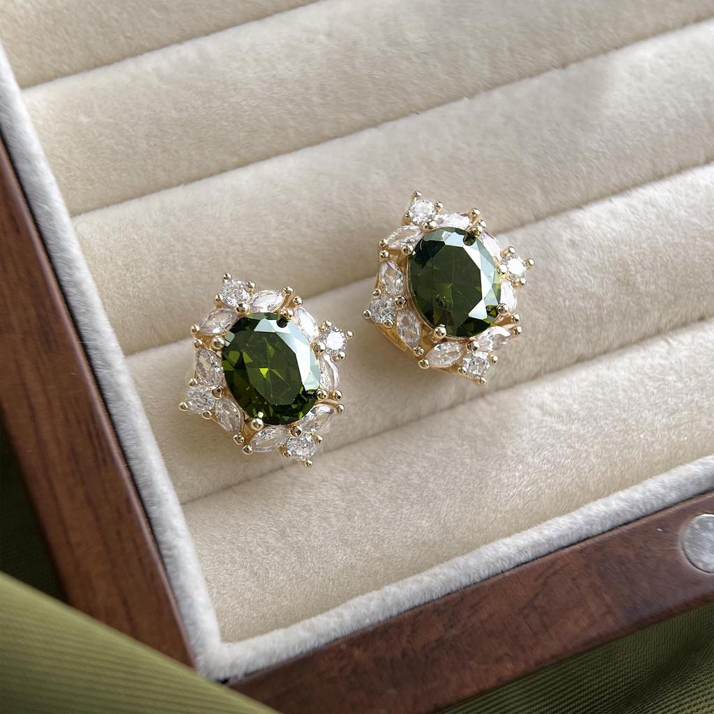Винтажные серьги-пусеты в виде цветка из циркона оливкового цвета - Ретро придворный стиль с элегантностью тяжелой промышленности для женщин
