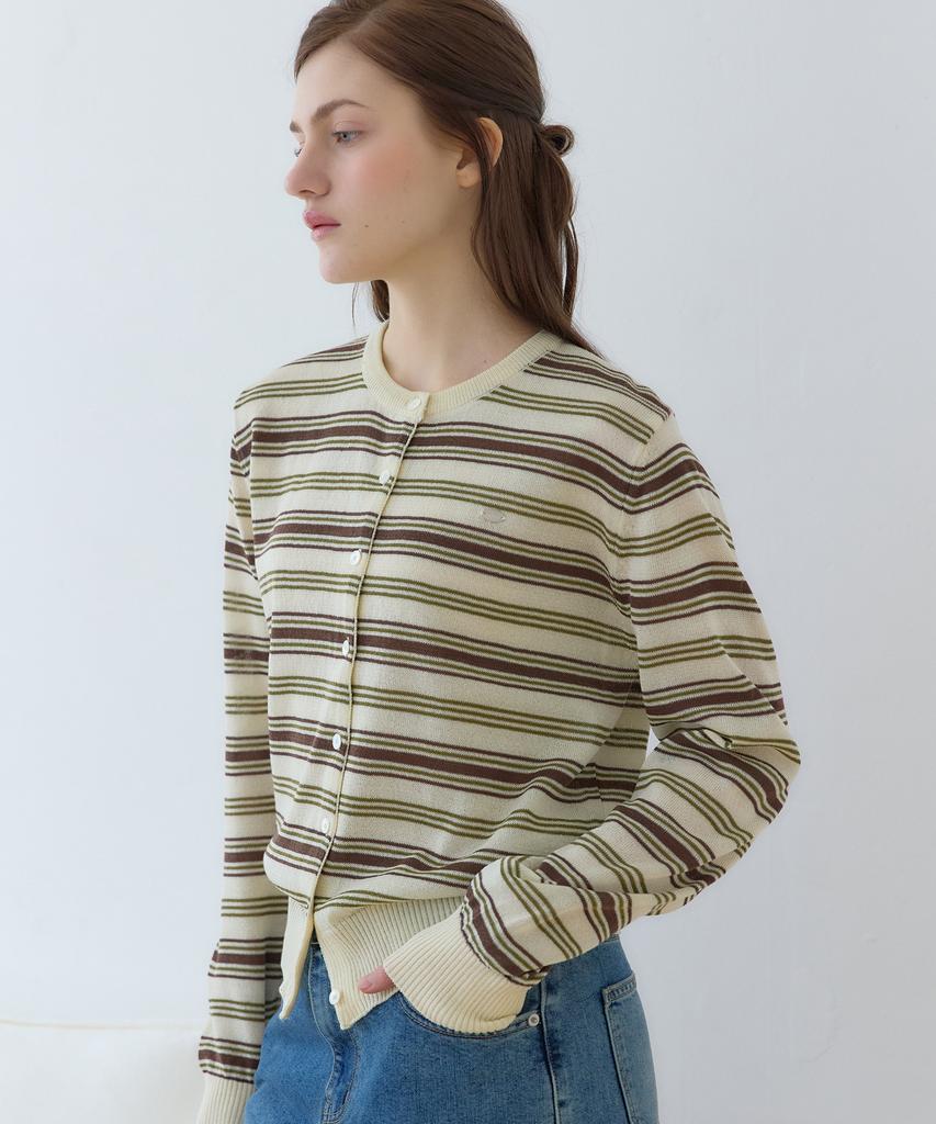 OURHOPE Sheer Multi-Stripe Round Neck Cardigan - Yellow