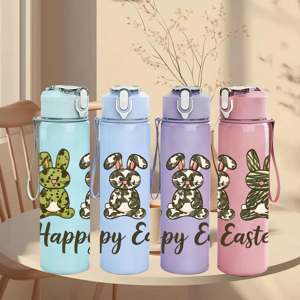 1PC Happy Easter Bunny Trio Figure 750ml Color Plastic Water Bottle Leakproof Flip Straw Lid For Sports Office Home Use