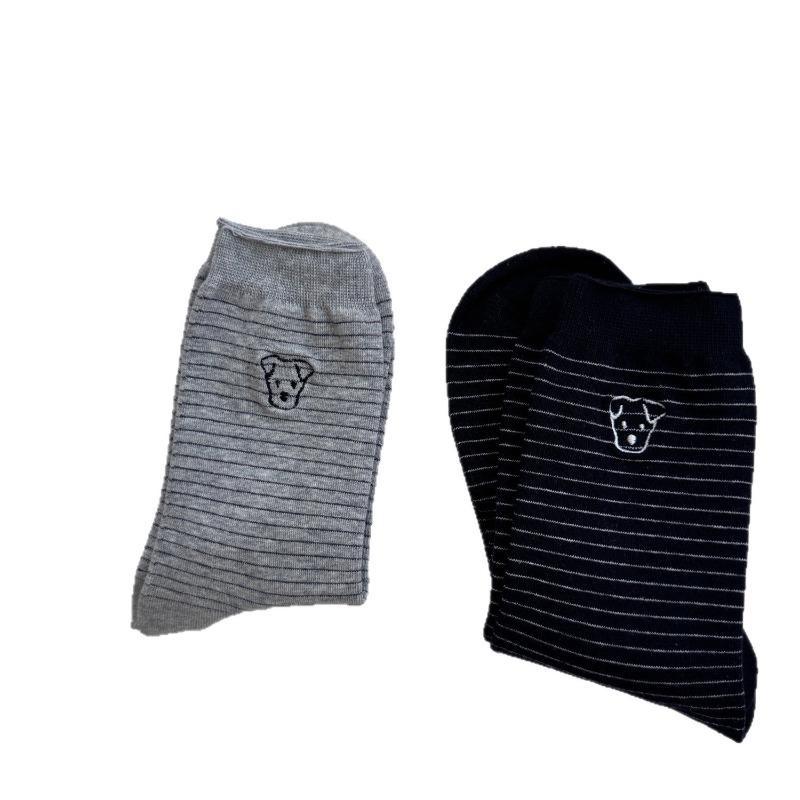 Женские полосатые носки с вышивкой маленькой собачки, всесезонные универсальные носки до середины икры в школьном стиле